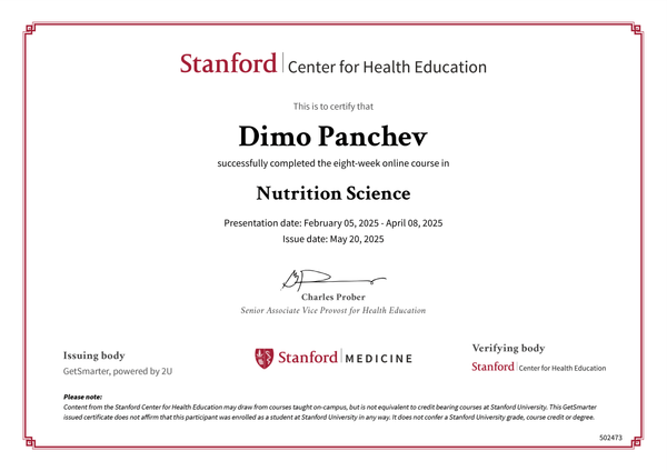 Сертификат Nutrition Science, Stanford Center for Health Education